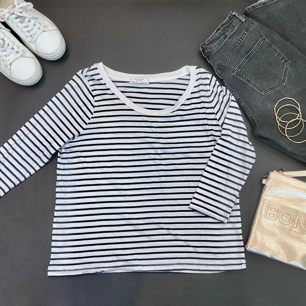 Zara Organic Cotton Black & White 3/4 Sleeve Tee - Size XL